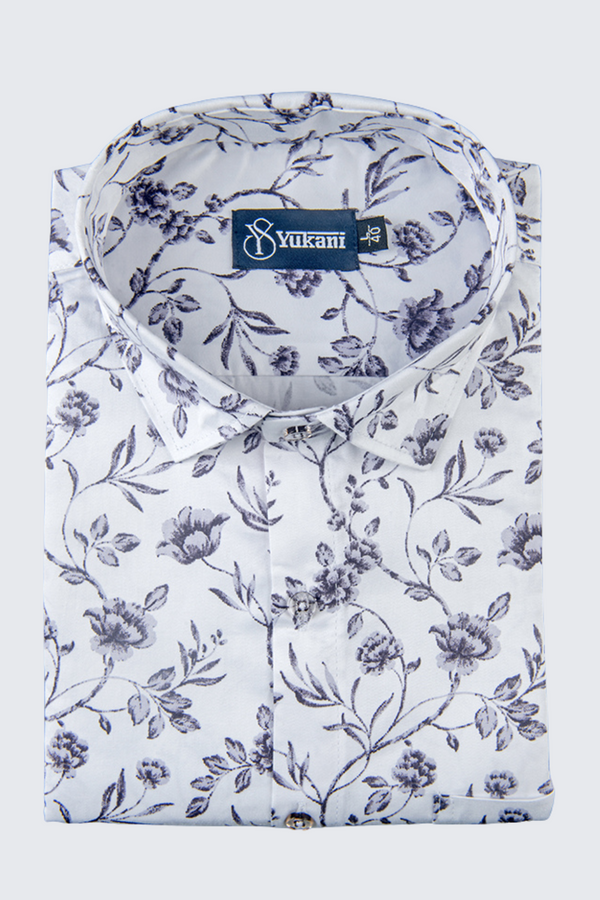 White With Lavender Flowers Print Cotton Shirts For Men
