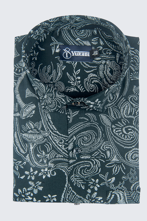 Linen Bottle Green With Grey Printed Shirts For Men