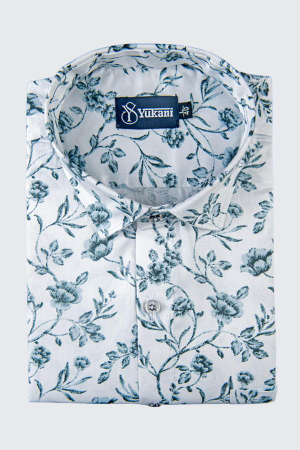 White With Rama Flower Print Cotton Shirts For Men