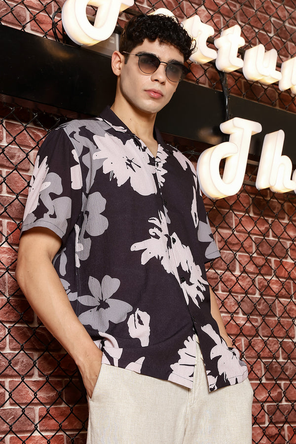 Sparrow Black With Multicolour Flower Print Shirts