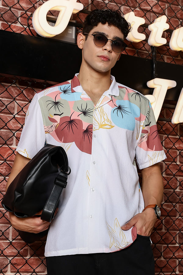 Sparrow White With Multicolour Flower Print Shirts For Men