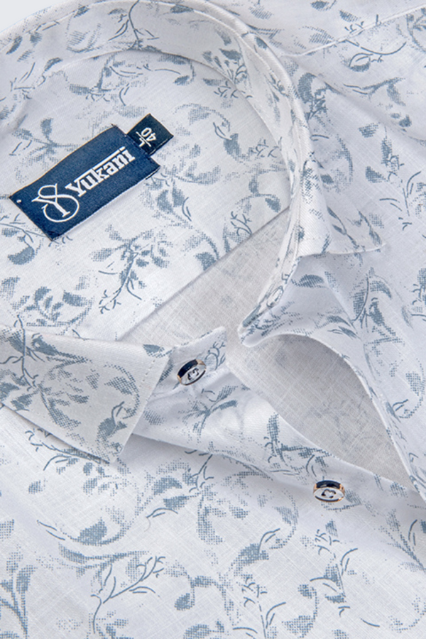 Turkey Linen White With Sky Flower Print Shirts