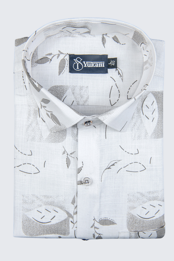Turkey Linen White With Grey Square Print Shirts
