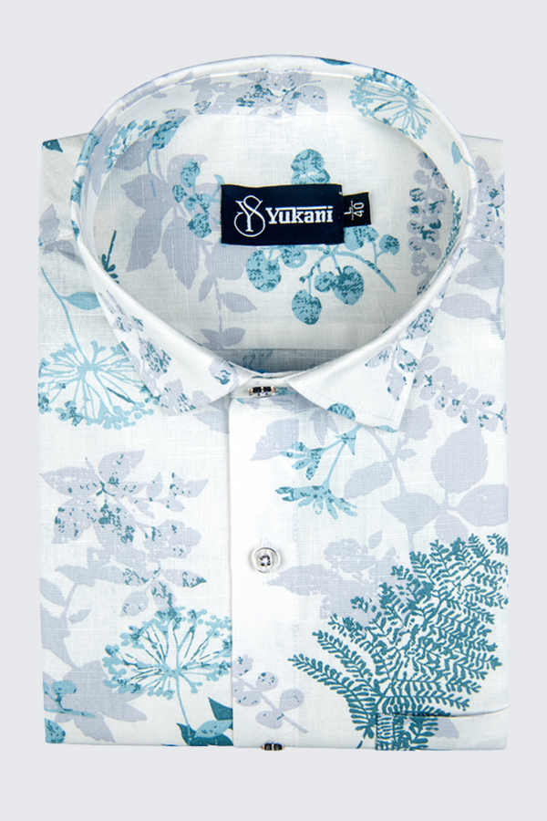 Linen White With Sky Blue Flower Print Shirts For Men