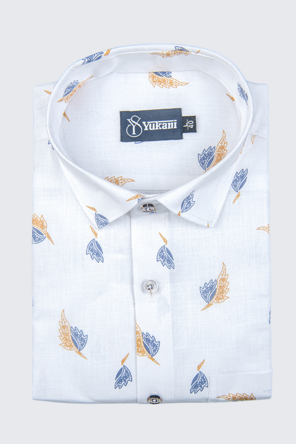 Turkey Linen White With Blue Orange Mix Print Shirts