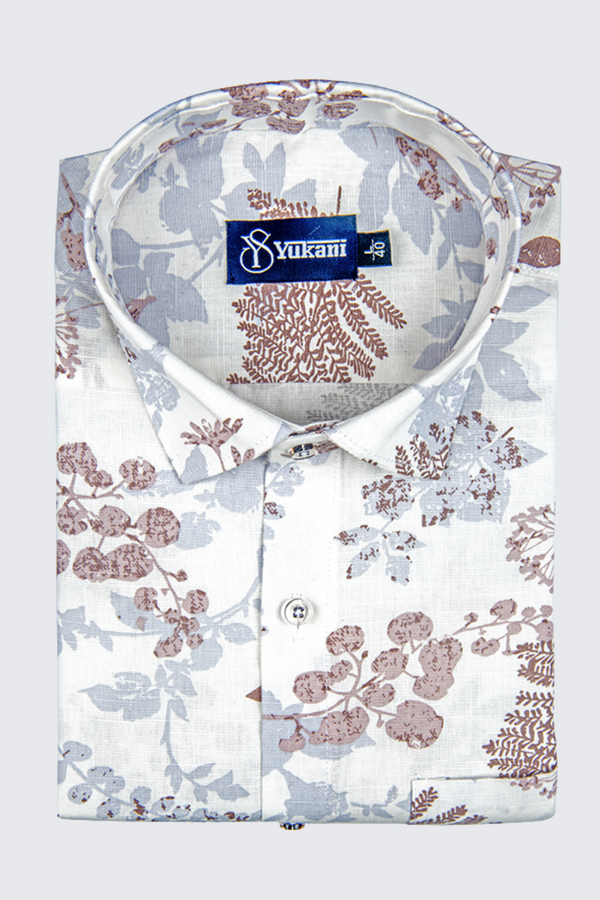 Linen White With Brown Flower Print Shirts For Men