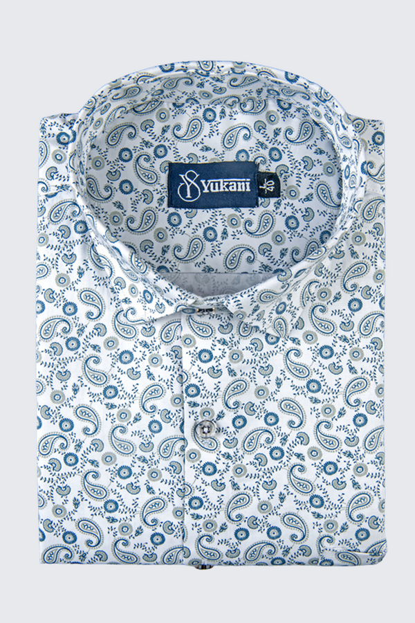White With Rama Gray Mix Pathan Print Cotton Shirts