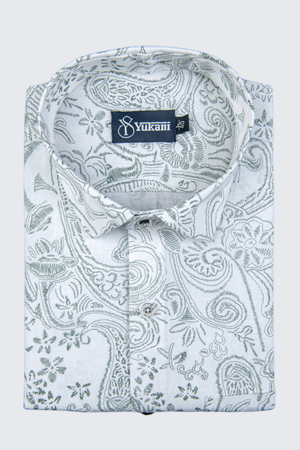 Linen White With Grey Print Shirts For Men
