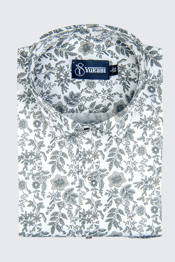 Cotton White With Grey Flower Print Shirts For Men