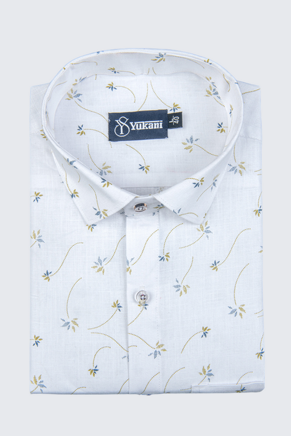 Turkey Linen White With Mehandi Flower Print Shirts