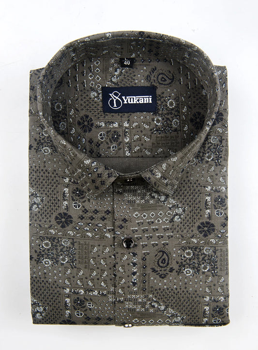 Star Gray with White Blue Mix Print Linen Cotton Shirts for Men