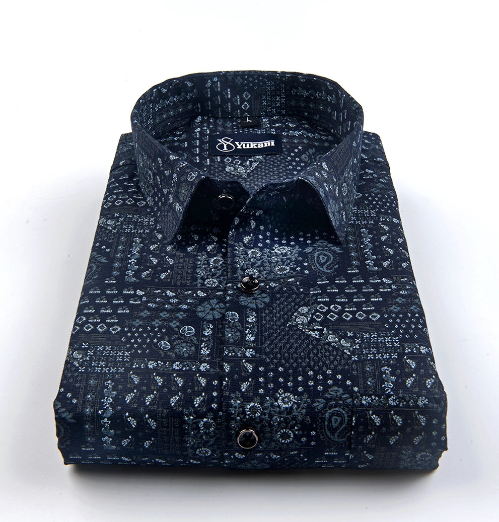 Star Navy Blue with White Mix print linen Cotton Shirts for Men