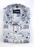 Star White with Blue Mix Print Linen Cotton Shirts for Men