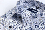 Star White with Blue Mix Print Linen Cotton Shirts for Men