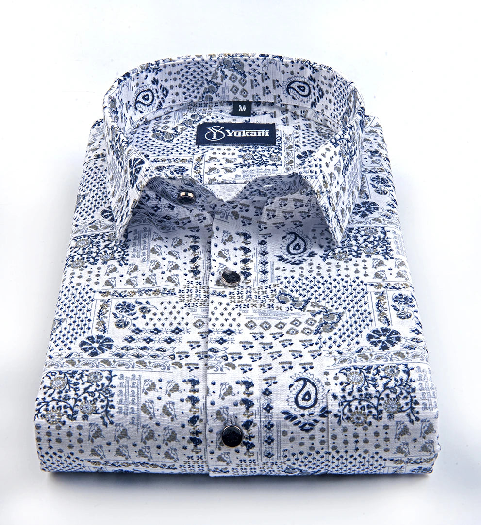 Star White with Blue Mix Print Linen Cotton Shirts for Men