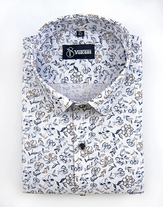 White with Black Flower Linen Cotton Shirts for Men