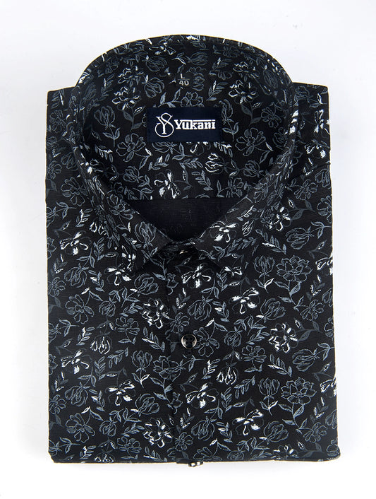 Black with white Flower Cotton Linen Shirts For Men