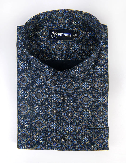 Navy Blue Digital Print Cotton Shirts for Men