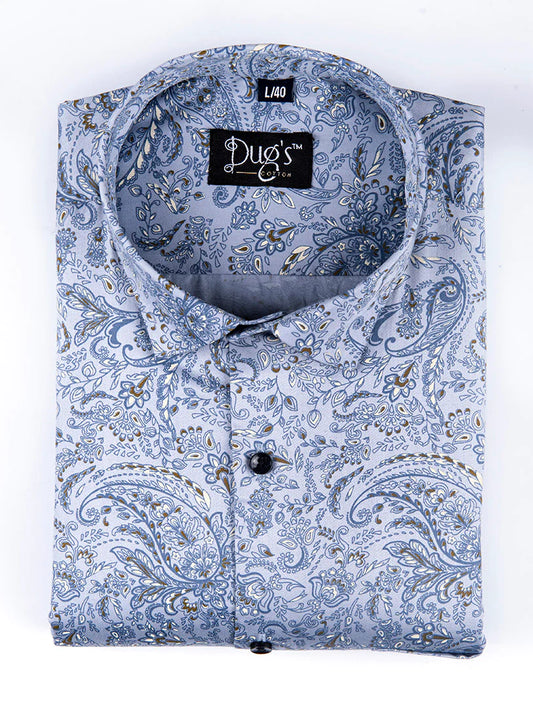 Sky With Mehendi Color Flower Print Cotton Shirt