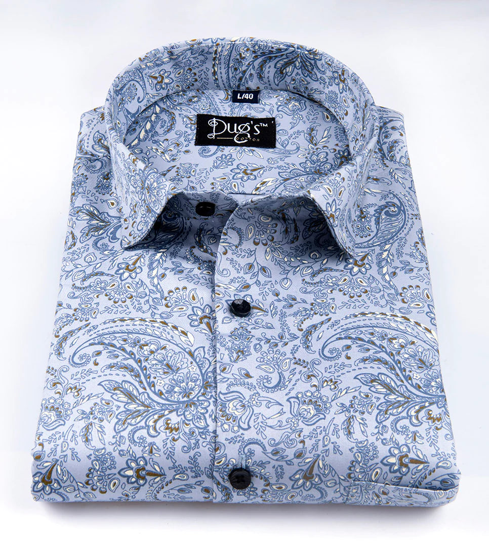 Sky With Mehendi Color Flower Print Cotton Shirt