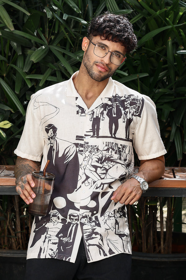 Cream With Black Man Fight Print Shirts