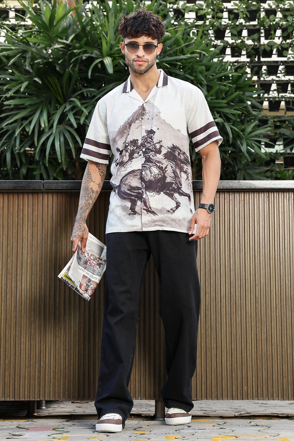 New Sparrow Cream With Horse With Man Print Shirts