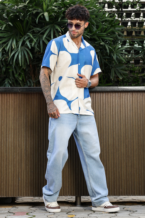 New Sparrow Blue With Cream Mix Print Shirts