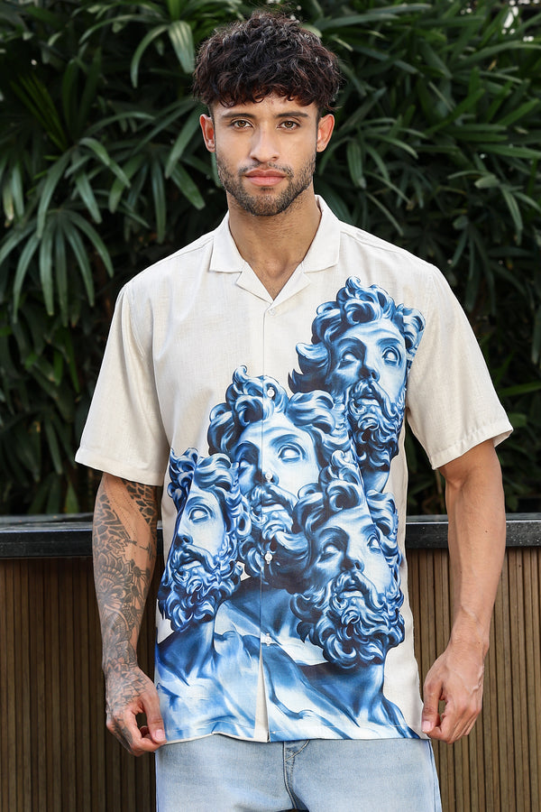 New Sparrow Cream With Blue Man Print Shirts