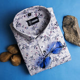 New Linen light gray with blue red mix flower luxury printed Shirts