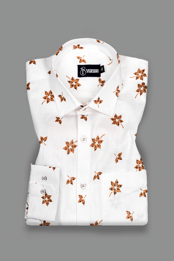 Turkey Linen White With Brown Flower Print Shirts