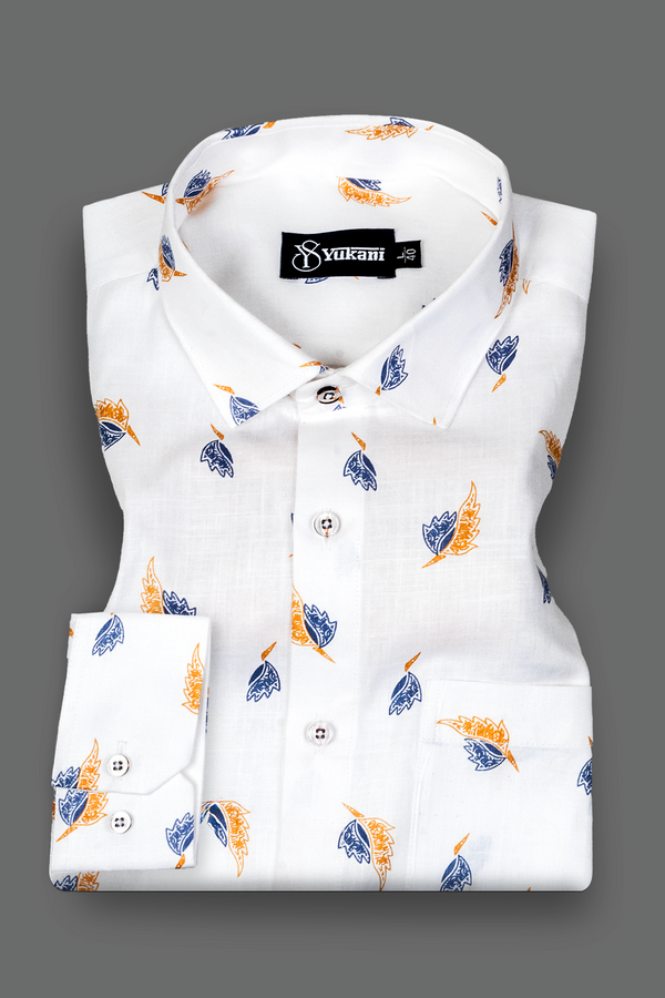 Turkey Linen White With Blue Orange Mix Print Shirts