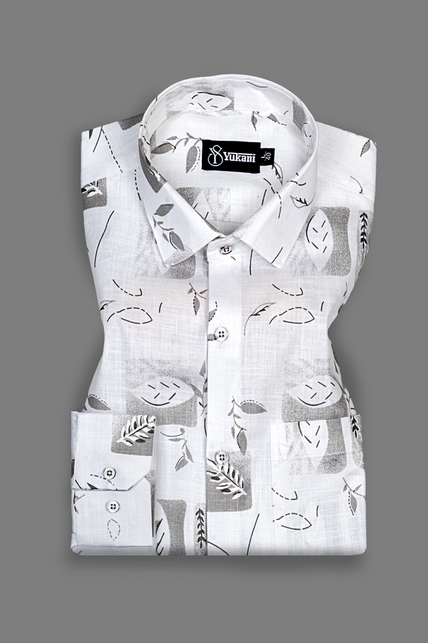 Turkey Linen White With Grey Square Print Shirts