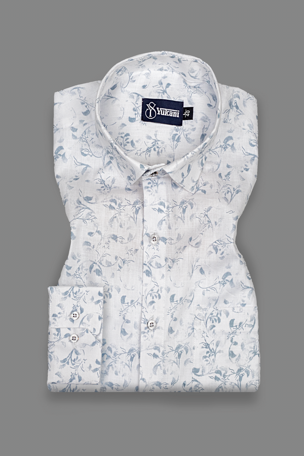 Turkey Linen White With Sky Flower Print Shirts